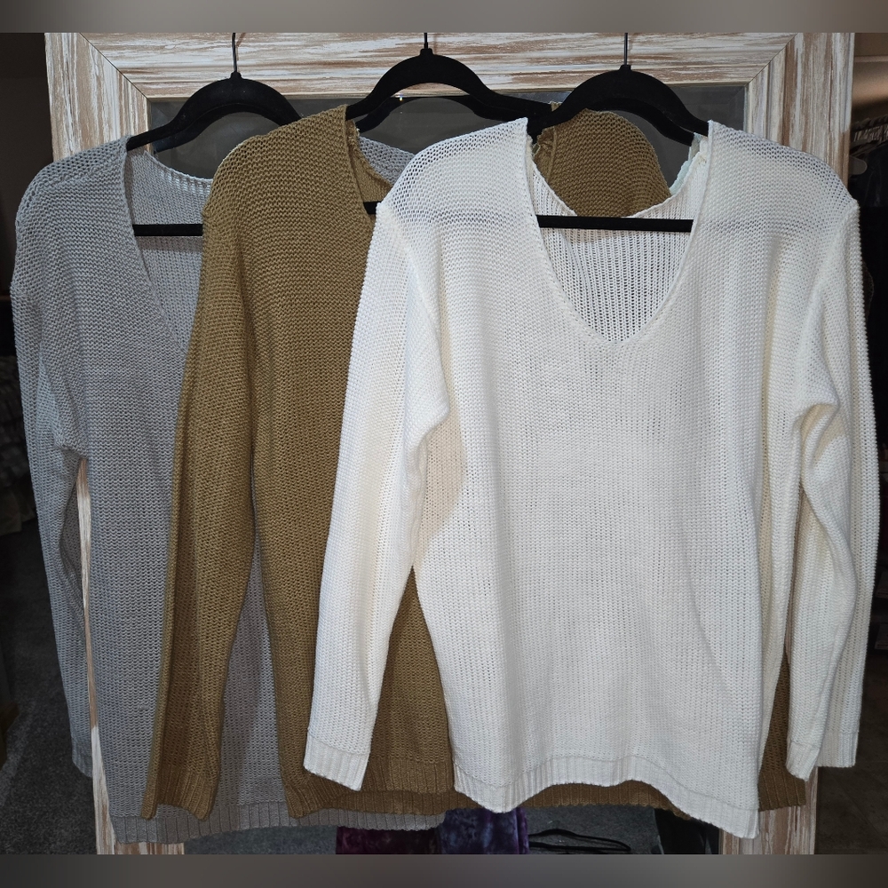 Women's V-Neck Sweater Trio - Gray, Tan, and Cream Set
